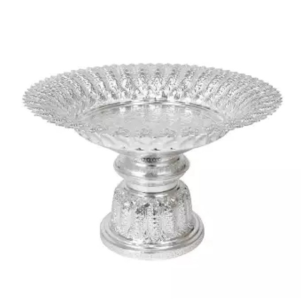 34Cm. Thai Sliver Coated Aluminium Traditional Style Tray With Pedestal For Worship ( Tika Thali)