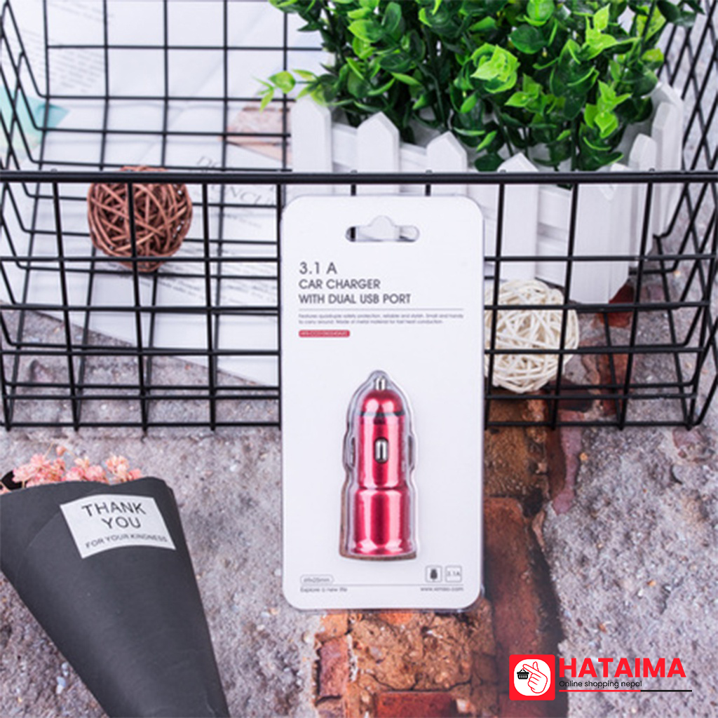 Mini 2.4A Car Charger with Dual USB Port (Red)